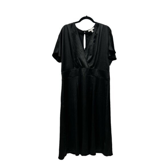 Chelsea 28 Black Wrap Midi Dress XXL Satin Short Sleeve Keyhole Back - Picture 3 of 10